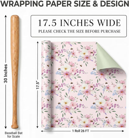 Pink Floral Wrapping Paper Roll for Wedding Bridal - 17.5" * 26 Ft