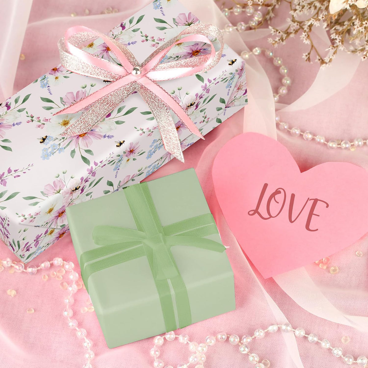 Pink Floral Wrapping Paper Roll for Wedding Bridal - 17.5" * 26 Ft