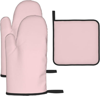 3PCS Oven Mitts and Pot Holders Set, Modern Elegant Solid Blush Pink Heat Resistant Oven Mitts Gloves Set Kitchen Hot Pads for Cooking Grill