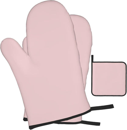 3PCS Oven Mitts and Pot Holders Set, Modern Elegant Solid Blush Pink Heat Resistant Oven Mitts Gloves Set Kitchen Hot Pads for Cooking Grill