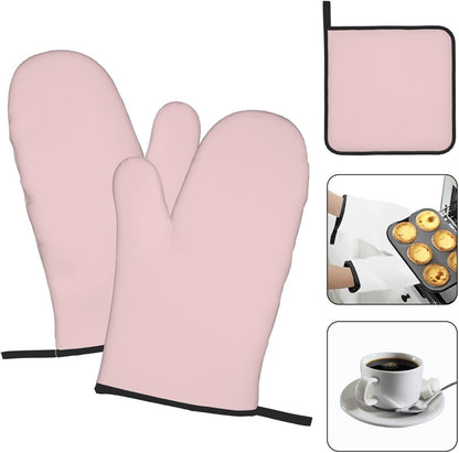 3PCS Oven Mitts and Pot Holders Set, Modern Elegant Solid Blush Pink Heat Resistant Oven Mitts Gloves Set Kitchen Hot Pads for Cooking Grill