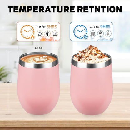 12oz/8 Pack Insulated Wine Tumbler with Lid,Light Pink