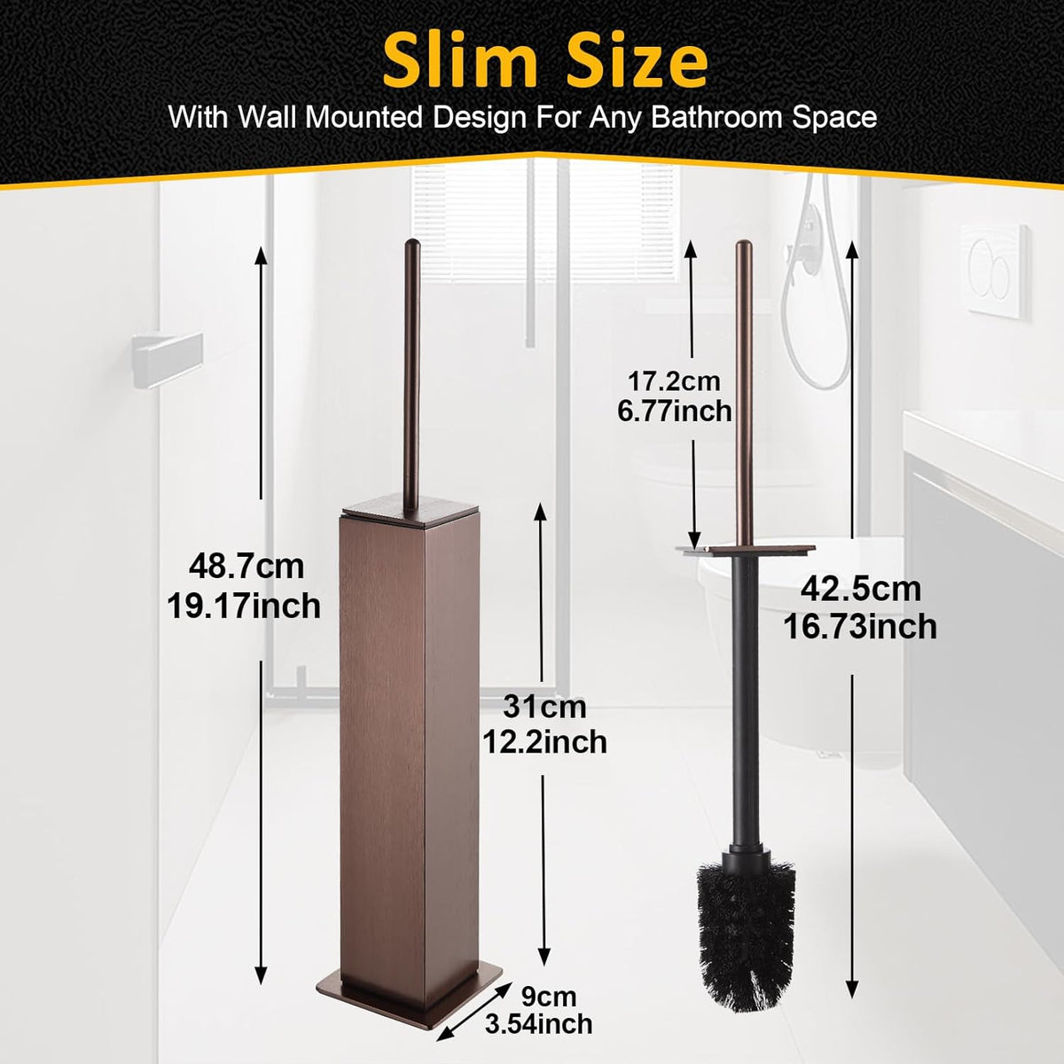 Toilet Brush and Holder Floor Standing, Brushed Rose Gold with 2 Replaceable Heads,Freestanding Toilet Bowl Brush with Removable Liner and Splash Guard, Modern Square Design