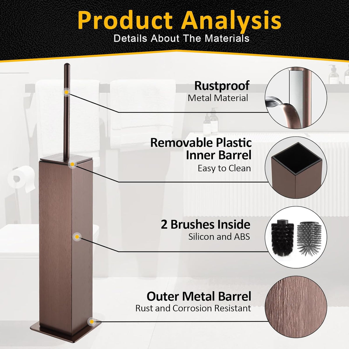 Toilet Brush and Holder Floor Standing, Brushed Rose Gold with 2 Replaceable Heads,Freestanding Toilet Bowl Brush with Removable Liner and Splash Guard, Modern Square Design