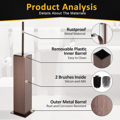 Toilet Brush and Holder Floor Standing, Brushed Rose Gold with 2 Replaceable Heads,Freestanding Toilet Bowl Brush with Removable Liner and Splash Guard, Modern Square Design