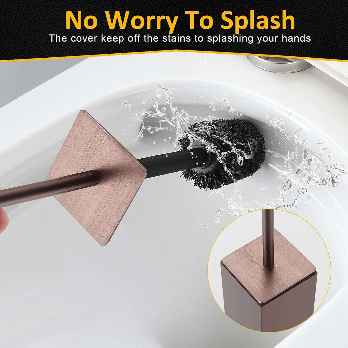 Toilet Brush and Holder Floor Standing, Brushed Rose Gold with 2 Replaceable Heads,Freestanding Toilet Bowl Brush with Removable Liner and Splash Guard, Modern Square Design