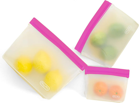 Piccolo Reusable Silicone Zip Up Bags - Set of 3, BPA-Free, Pink