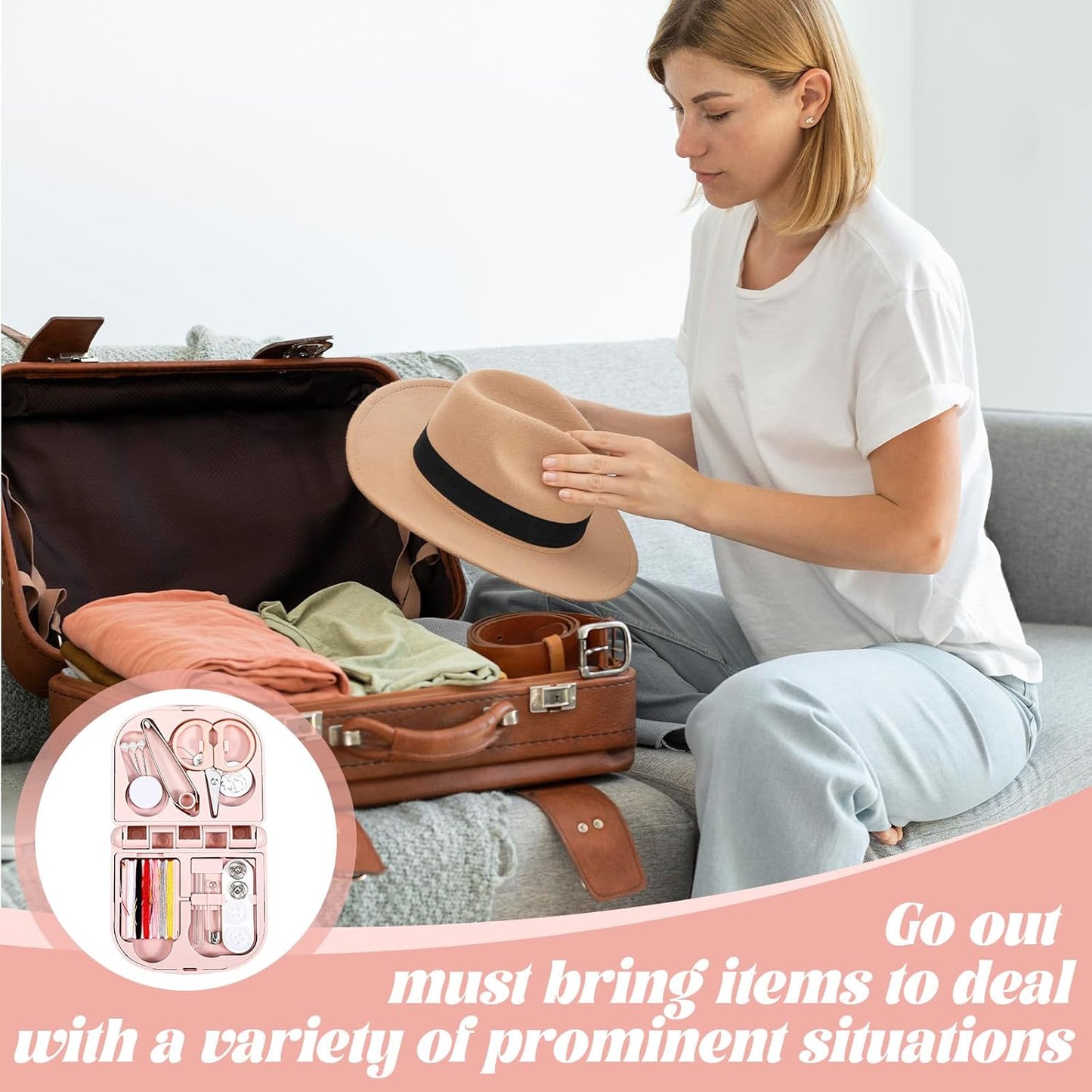 Mini Sewing Kit Travel, Emergency Small Sewing Kit, Needle and Thread Kit Deluxe 5th Gen Square Soft Pink, Portable Essentials for Quick Repairs