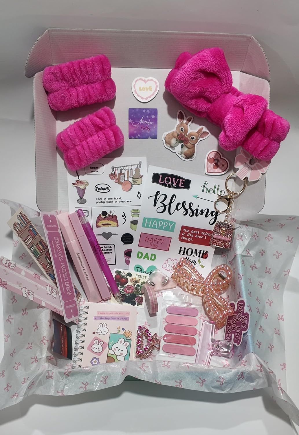 Pink Self Care Gift Box Set with Spa Headband, Scrunchies, Stationery, Stickers, Keychain, Relaxation Kit for Women