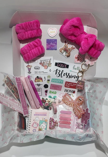 Pink Self Care Gift Box Set with Spa Headband, Scrunchies, Stationery, Stickers, Keychain, Relaxation Kit for Women