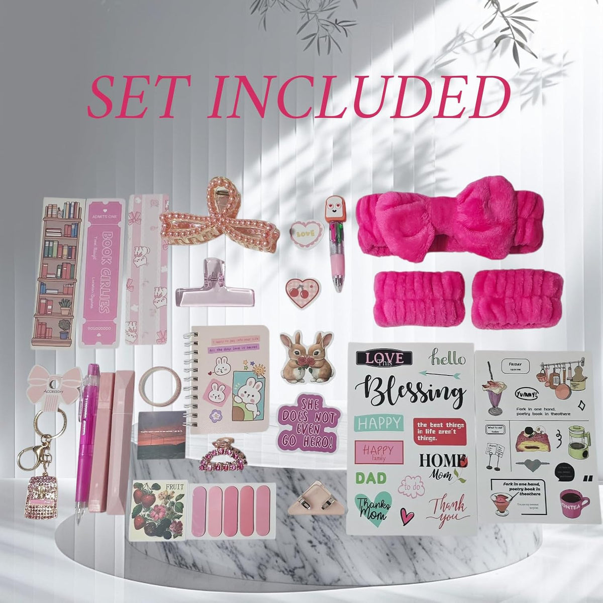 Pink Self Care Gift Box Set with Spa Headband, Scrunchies, Stationery, Stickers, Keychain, Relaxation Kit for Women