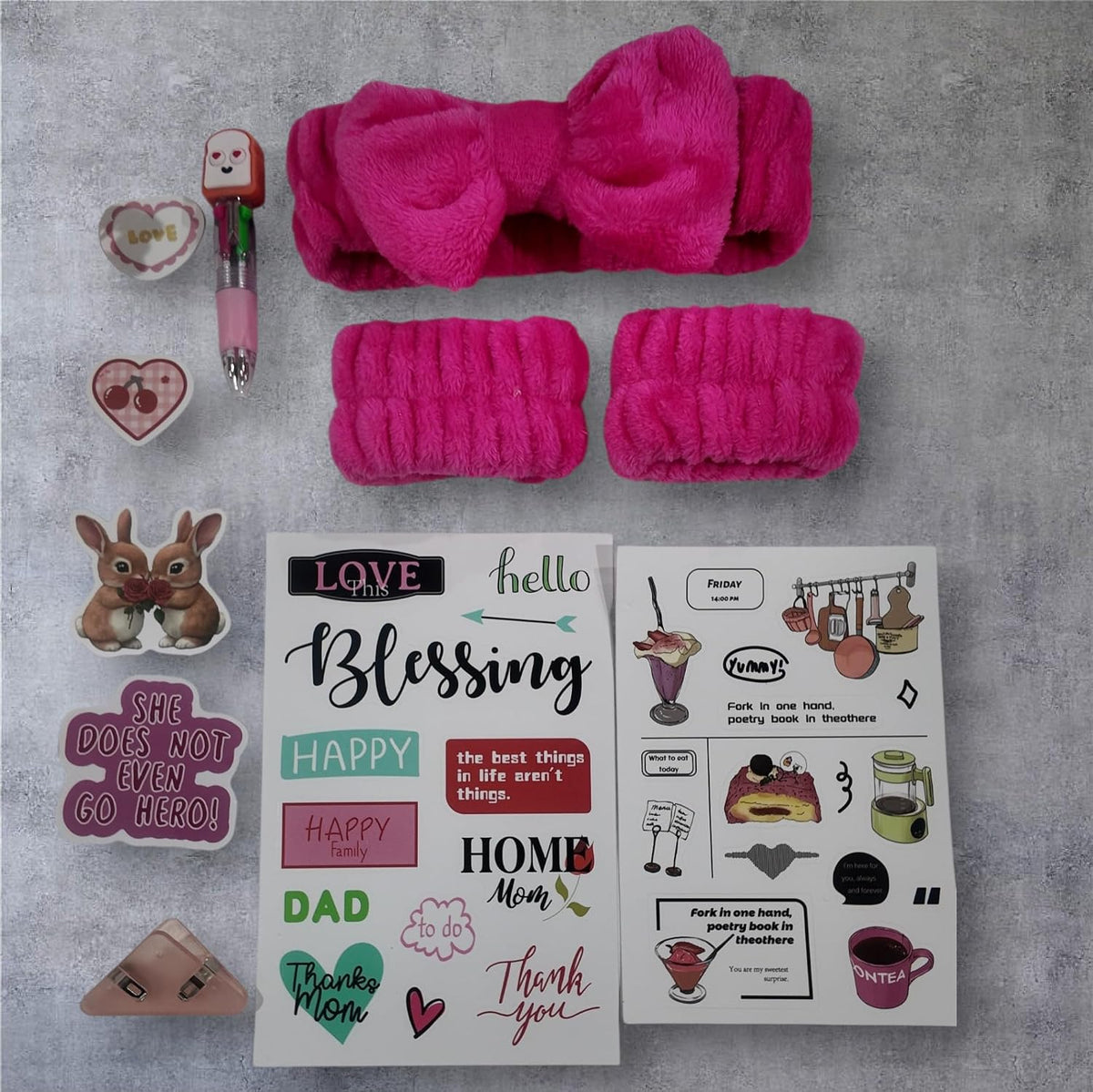 Pink Self Care Gift Box Set with Spa Headband, Scrunchies, Stationery, Stickers, Keychain, Relaxation Kit for Women