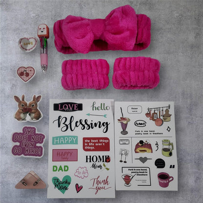 Pink Self Care Gift Box Set with Spa Headband, Scrunchies, Stationery, Stickers, Keychain, Relaxation Kit for Women