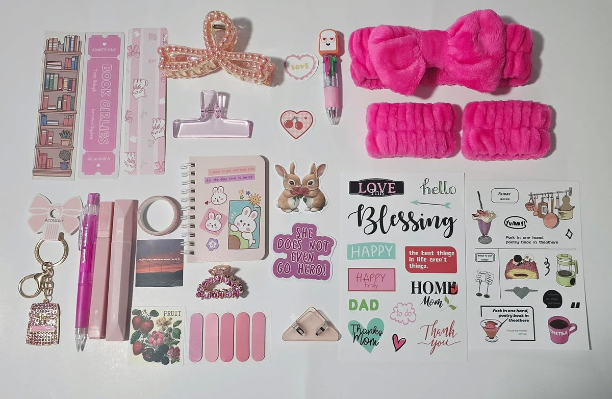 Pink Self Care Gift Box Set with Spa Headband, Scrunchies, Stationery, Stickers, Keychain, Relaxation Kit for Women