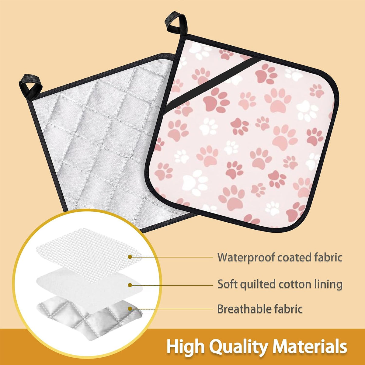 Cute Pink Cat Dog Paw Prints Pot Holder Set of 2,Heat Resistant Potholders Oven Hot Pads for Kitchen Cooking Baking BBQ