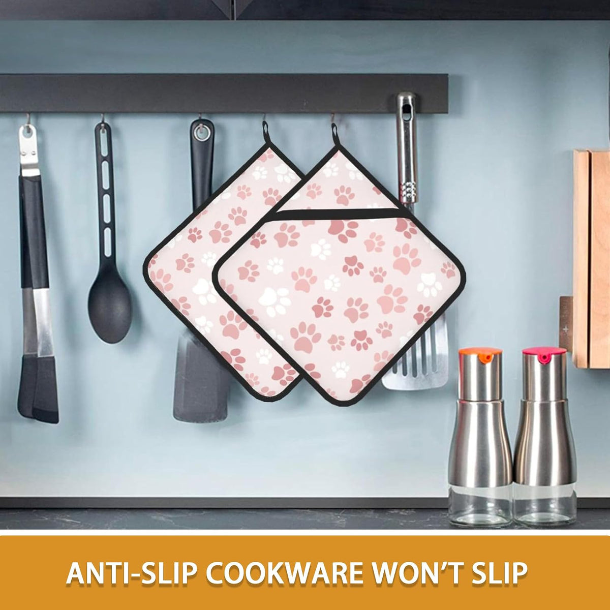 Cute Pink Cat Dog Paw Prints Pot Holder Set of 2,Heat Resistant Potholders Oven Hot Pads for Kitchen Cooking Baking BBQ