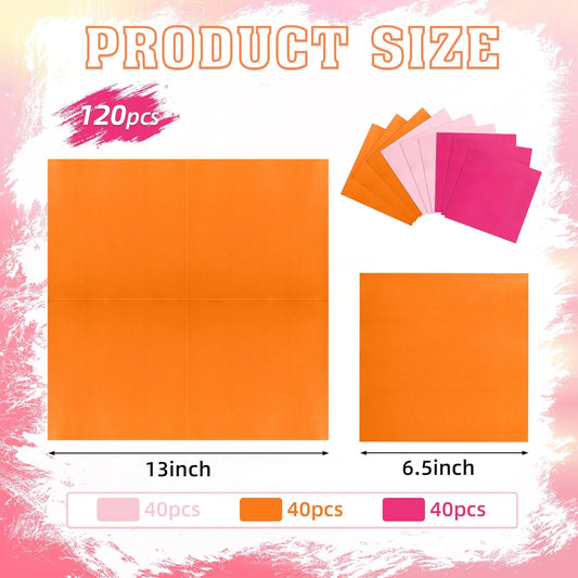 120 Pcs Pink Orange Paper Napkins Multi Color Disposable Napkin 6.5 Inch 3 Colors Beverage Dinner Hand Towel for Baby Shower Birthday Wedding Tequila Sunrise Party Supplies (Pink Orange)