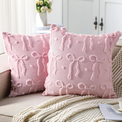 Set of 2 Pink Bow Throw Pillow Covers 18x18, Decorative Pillowcases