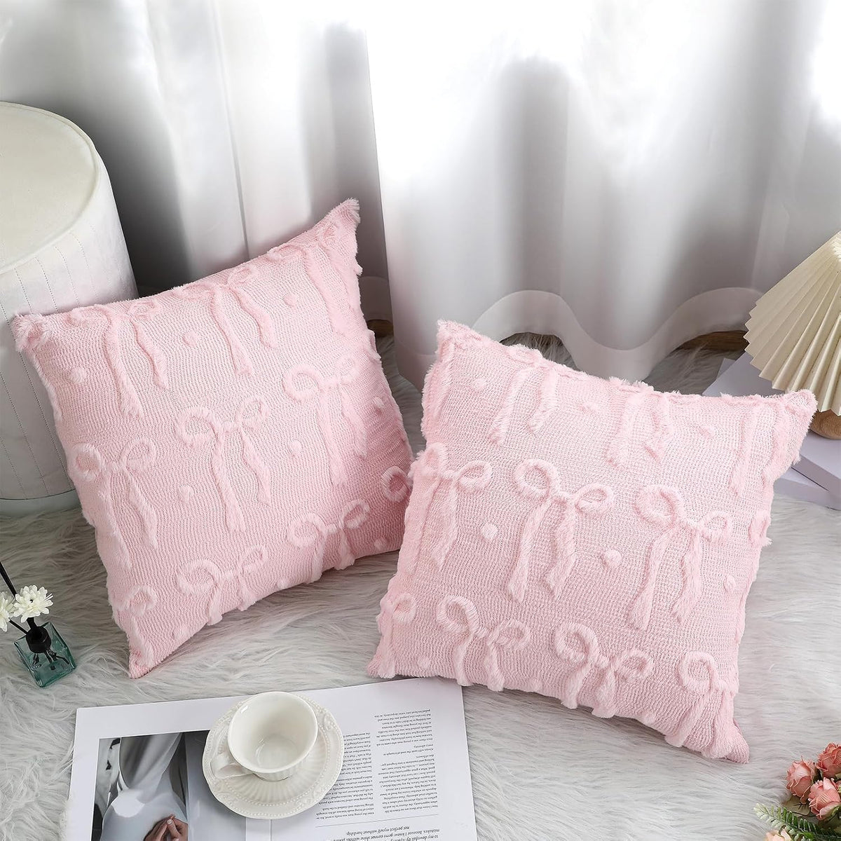 Set of 2 Pink Bow Throw Pillow Covers 18x18, Decorative Pillowcases