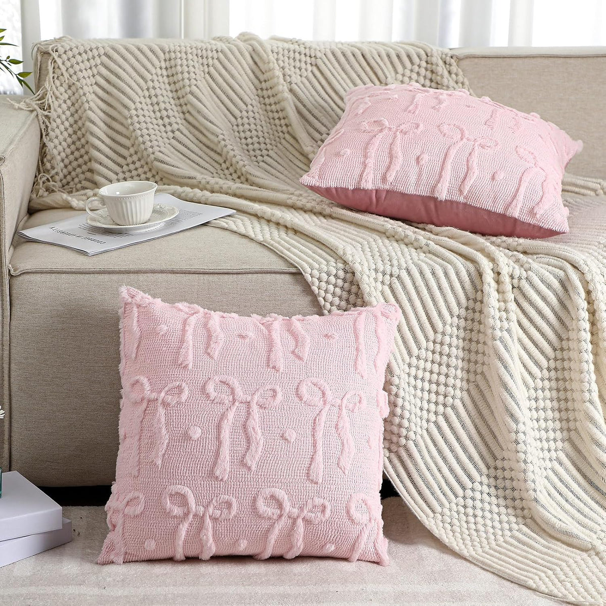 Set of 2 Pink Bow Throw Pillow Covers 18x18, Decorative Pillowcases