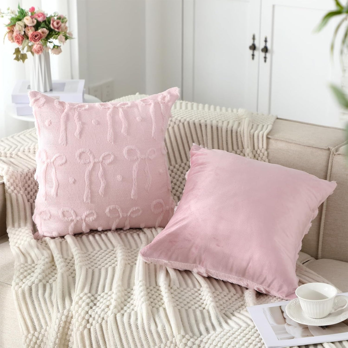 Set of 2 Pink Bow Throw Pillow Covers 18x18, Decorative Pillowcases