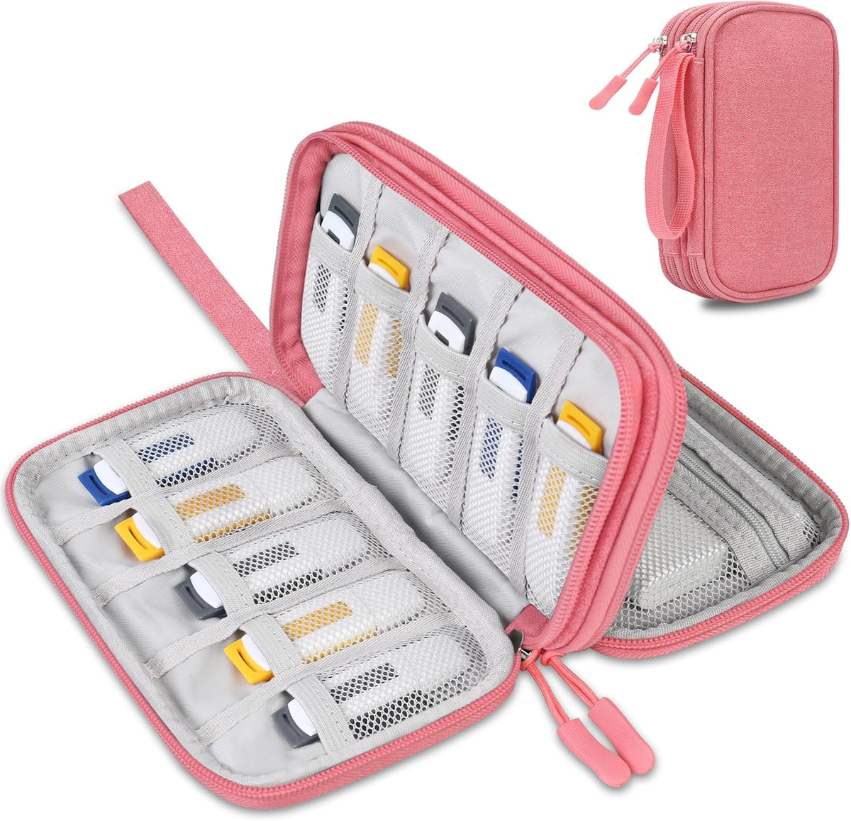 USB Flash Drive Case Thumb Drive Holder Case Organizer Portable Electronic Accessories Storage Bag for SanDisk/SamData/Samsung USB Flash Drives Jump Drive Memory Stick, SD Card, Cable, Pink