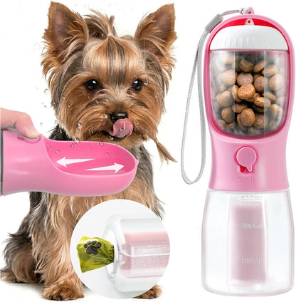 Portable Water Bottle for Small Dogs, 3 in 1 Pet Travel Bowl Dispenser with Food Treat Container & Poop Bag Holder, Summer Hiking Walking Accessories for Puppy On The Go - Pink, 10oz