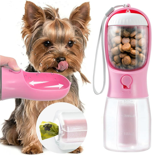 Portable Water Bottle for Small Dogs, 3 in 1 Pet Travel Bowl Dispenser with Food Treat Container & Poop Bag Holder, Summer Hiking Walking Accessories for Puppy On The Go - Pink, 10oz