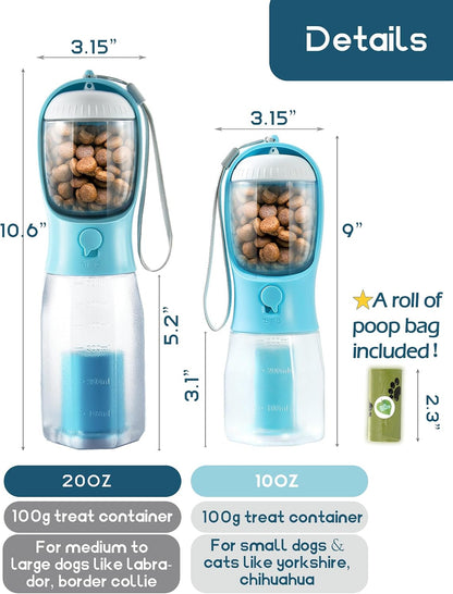 Portable Water Bottle for Small Dogs, 3 in 1 Pet Travel Bowl Dispenser with Food Treat Container & Poop Bag Holder, Summer Hiking Walking Accessories for Puppy On The Go - Pink, 10oz