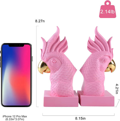 Cute Pink Parrot Decorative Bookends，Maximalist Bookshelf Decor