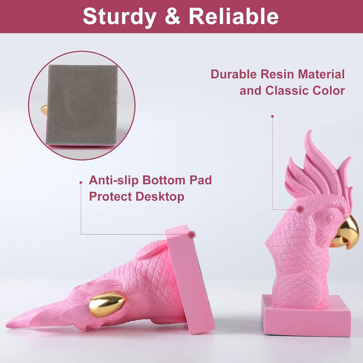 Cute Pink Parrot Decorative Bookends，Maximalist Bookshelf Decor