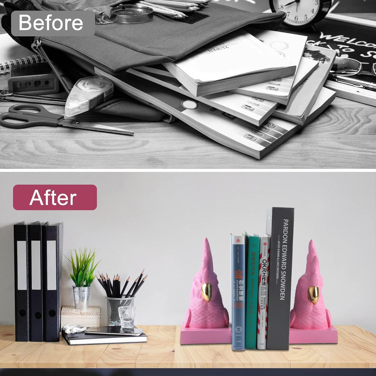 Cute Pink Parrot Decorative Bookends，Maximalist Bookshelf Decor