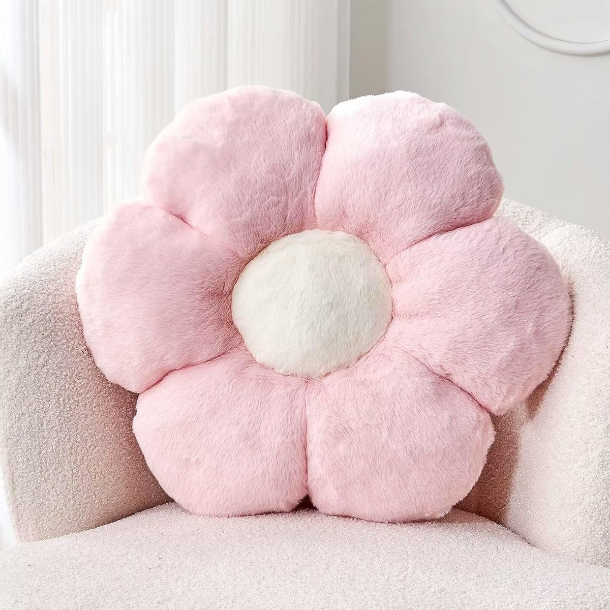 Flower Pillow Cute Decorative Throw Pillow with Faux Rabbit Fur Soft Daisy Plush Floor Cushion Aesthetic Flower Shaped Pillow Home Decor for Bed Sofa Couch (Pink, 17.7 Inch)
