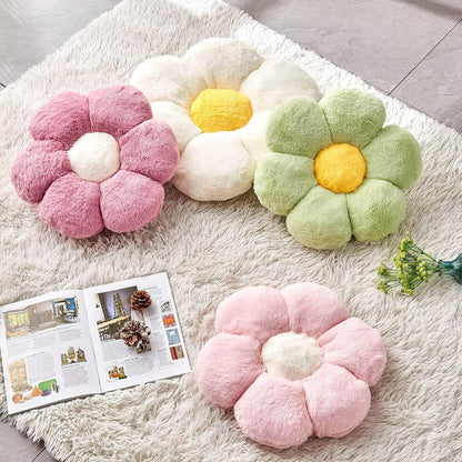 Flower Pillow Cute Decorative Throw Pillow with Faux Rabbit Fur Soft Daisy Plush Floor Cushion Aesthetic Flower Shaped Pillow Home Decor for Bed Sofa Couch (Pink, 17.7 Inch)