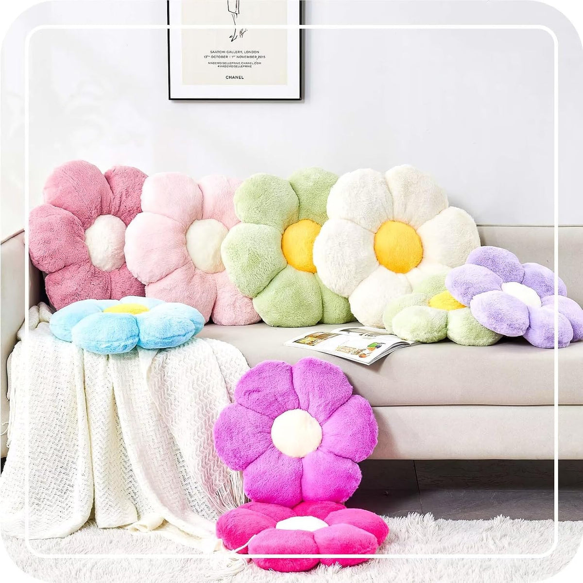 Flower Pillow Cute Decorative Throw Pillow with Faux Rabbit Fur Soft Daisy Plush Floor Cushion Aesthetic Flower Shaped Pillow Home Decor for Bed Sofa Couch (Pink, 17.7 Inch)