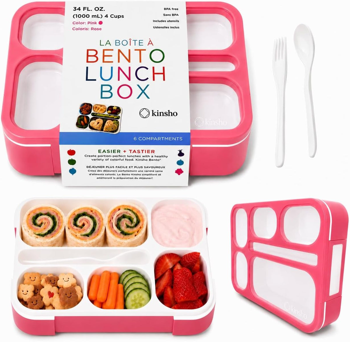 kinsho Bento Box Lunch Containers for Kids Girls Toddlers Women, 6 Compartment Portion Control Kit, Meal or Snack Boxes for School Daycare Work Travel, BPA Free, Utensils, Pink