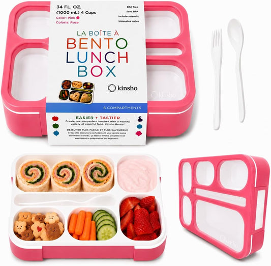 kinsho Bento Box Lunch Containers for Kids Girls Toddlers Women, 6 Compartment Portion Control Kit, Meal or Snack Boxes for School Daycare Work Travel, BPA Free, Utensils, Pink