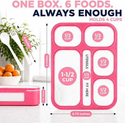 kinsho Bento Box Lunch Containers for Kids Girls Toddlers Women, 6 Compartment Portion Control Kit, Meal or Snack Boxes for School Daycare Work Travel, BPA Free, Utensils, Pink