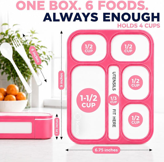 kinsho Bento Box Lunch Containers for Kids Girls Toddlers Women, 6 Compartment Portion Control Kit, Meal or Snack Boxes for School Daycare Work Travel, BPA Free, Utensils, Pink