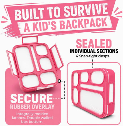 kinsho Bento Box Lunch Containers for Kids Girls Toddlers Women, 6 Compartment Portion Control Kit, Meal or Snack Boxes for School Daycare Work Travel, BPA Free, Utensils, Pink