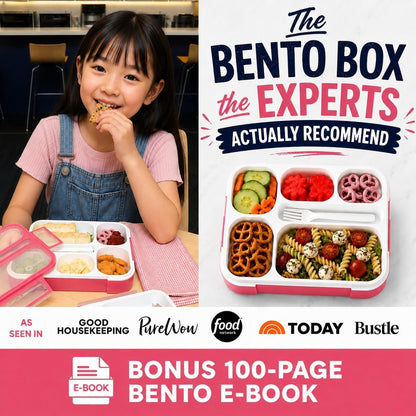 kinsho Bento Box Lunch Containers for Kids Girls Toddlers Women, 6 Compartment Portion Control Kit, Meal or Snack Boxes for School Daycare Work Travel, BPA Free, Utensils, Pink
