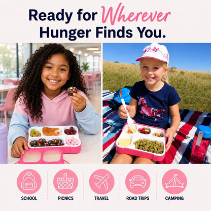 kinsho Bento Box Lunch Containers for Kids Girls Toddlers Women, 6 Compartment Portion Control Kit, Meal or Snack Boxes for School Daycare Work Travel, BPA Free, Utensils, Pink