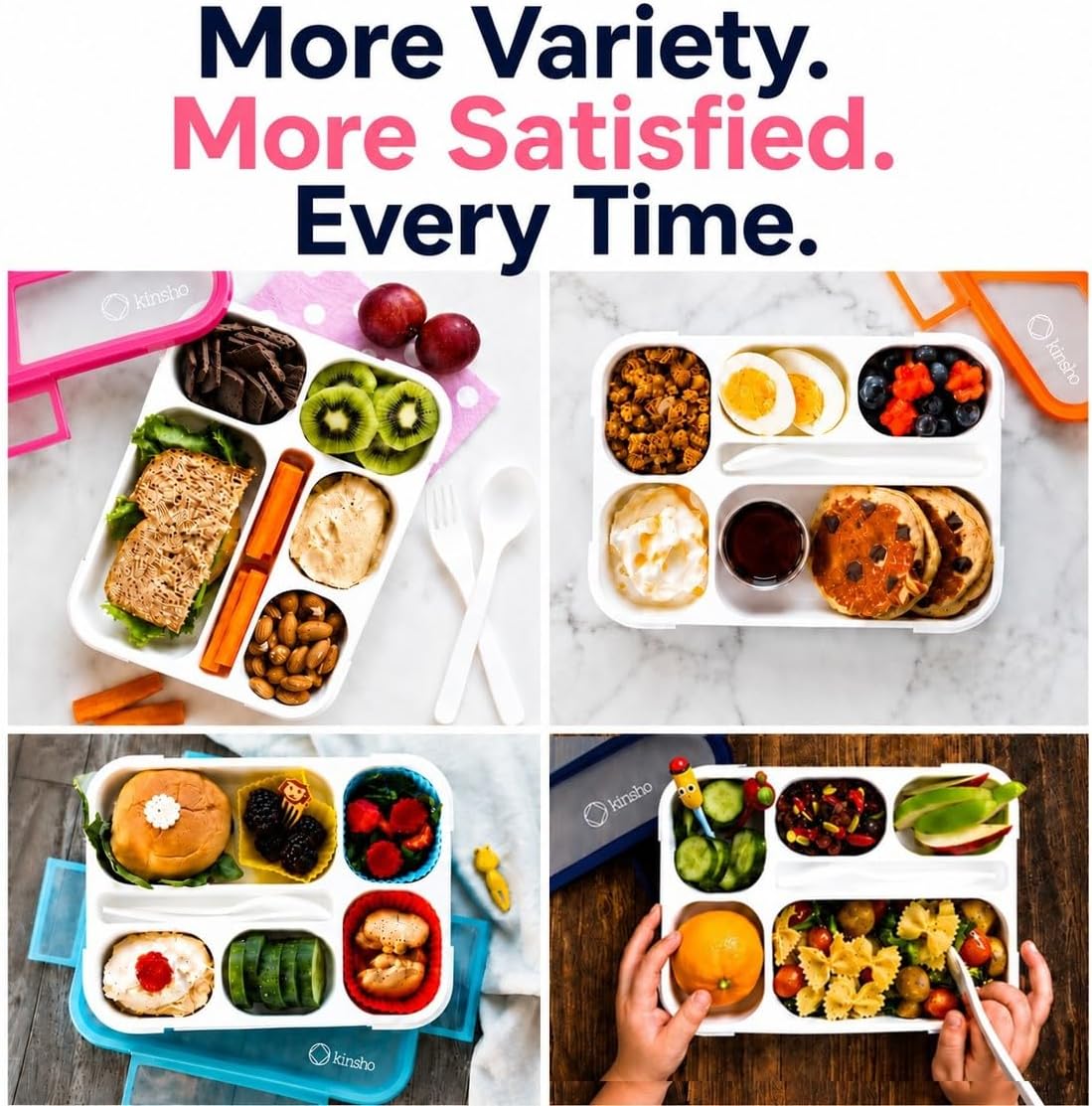kinsho Bento Box Lunch Containers for Kids Girls Toddlers Women, 6 Compartment Portion Control Kit, Meal or Snack Boxes for School Daycare Work Travel, BPA Free, Utensils, Pink