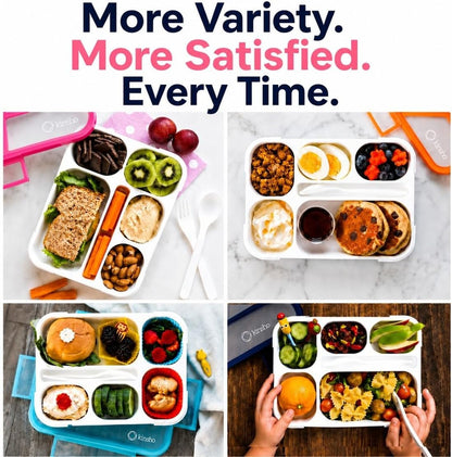 kinsho Bento Box Lunch Containers for Kids Girls Toddlers Women, 6 Compartment Portion Control Kit, Meal or Snack Boxes for School Daycare Work Travel, BPA Free, Utensils, Pink
