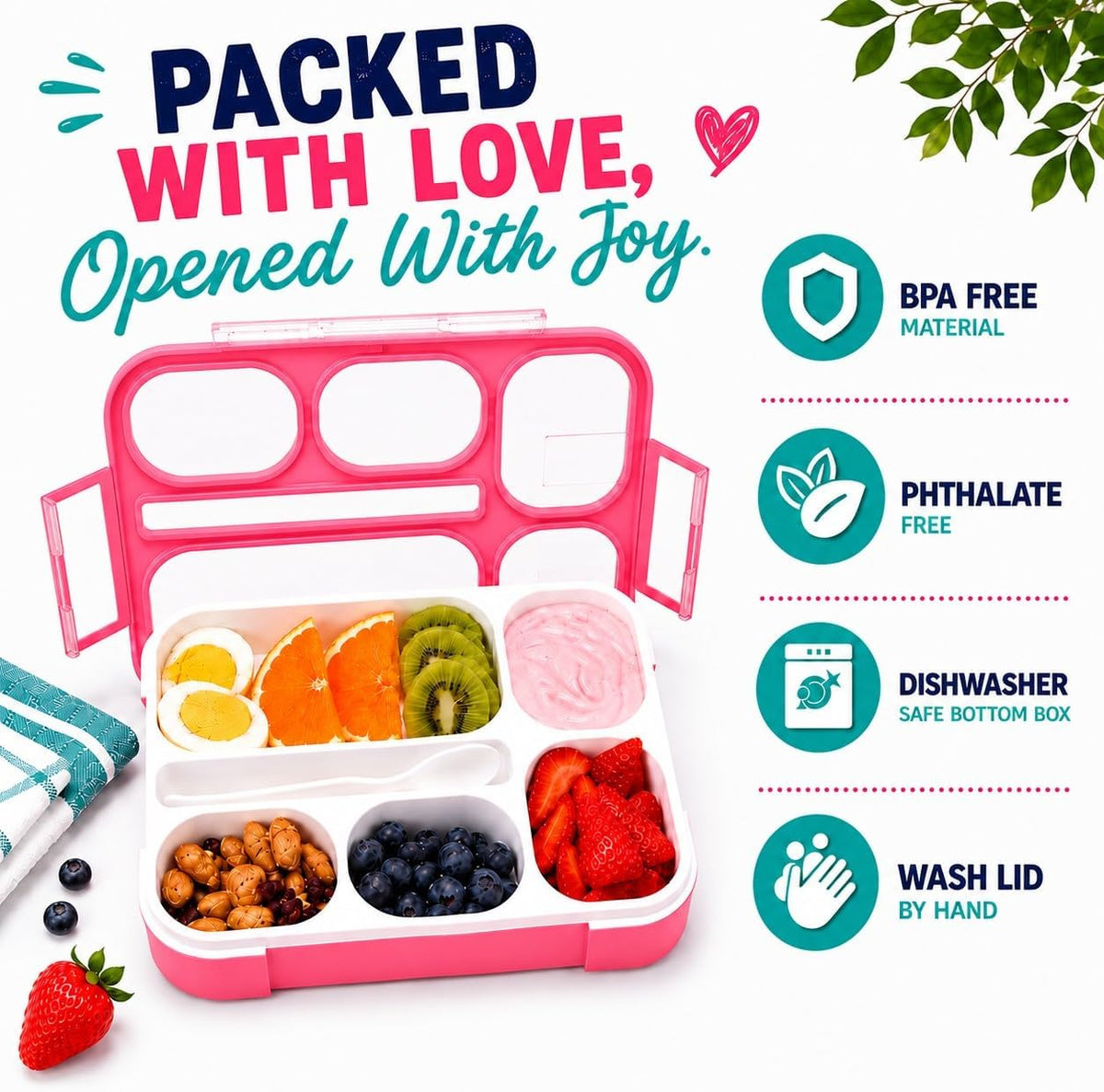 kinsho Bento Box Lunch Containers for Kids Girls Toddlers Women, 6 Compartment Portion Control Kit, Meal or Snack Boxes for School Daycare Work Travel, BPA Free, Utensils, Pink