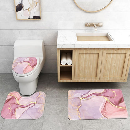 4Pcs Luxury Marble Shower Curtain Sets, Bathroom Sets with Shower Curtain, Toilet Lid Rug, Contour Mat and Bath Mat, Shower Curtain with 12 Hooks for Bathroom Set Decor