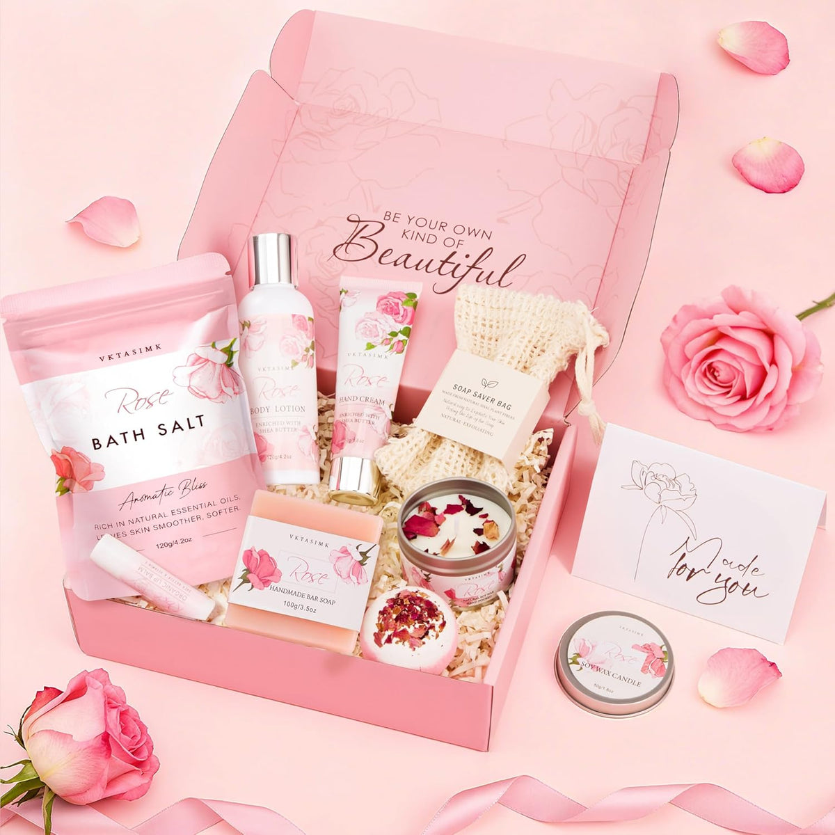 Gifts for Women Birthday Gift Baskets, Rose Relaxing Home Spa Set