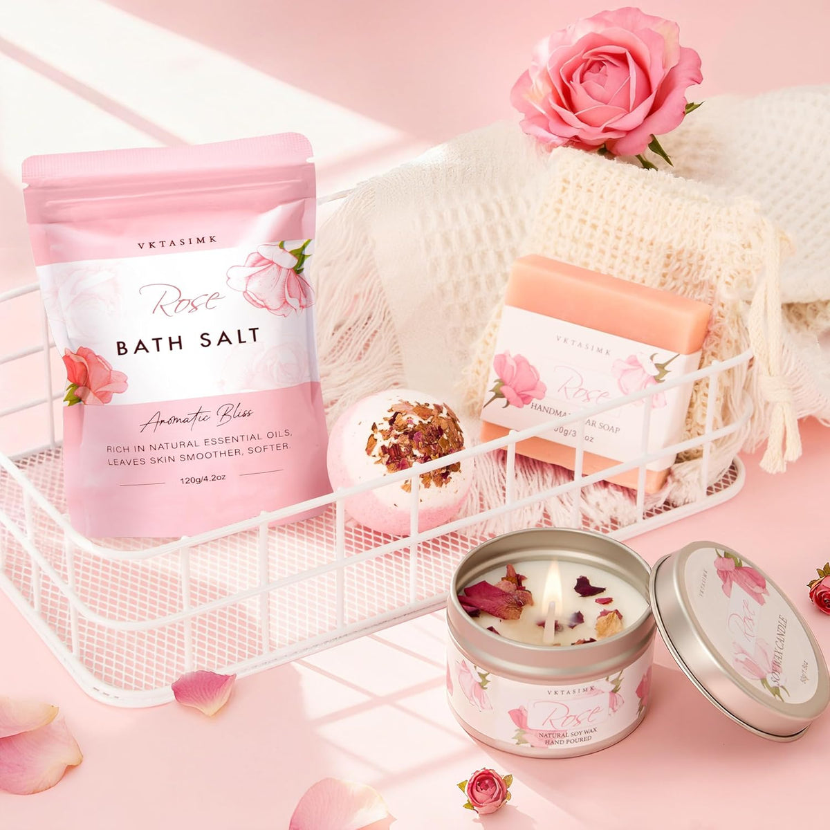 Gifts for Women Birthday Gift Baskets, Rose Relaxing Home Spa Set