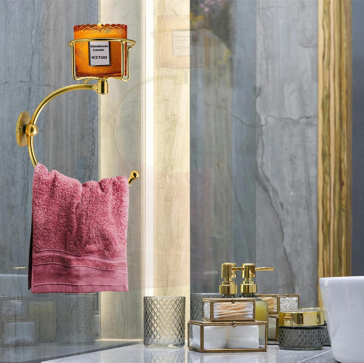 Gold Hand Towel Holder for Bathroom Wall, Towel Hook with Wall Candle Holder,Elegent Towel Ring Rose Gold, Sturdy Towel Rack Wall Mounted Hanger for Bathroom