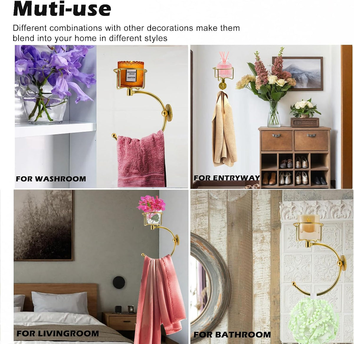 Gold Hand Towel Holder for Bathroom Wall, Towel Hook with Wall Candle Holder,Elegent Towel Ring Rose Gold, Sturdy Towel Rack Wall Mounted Hanger for Bathroom